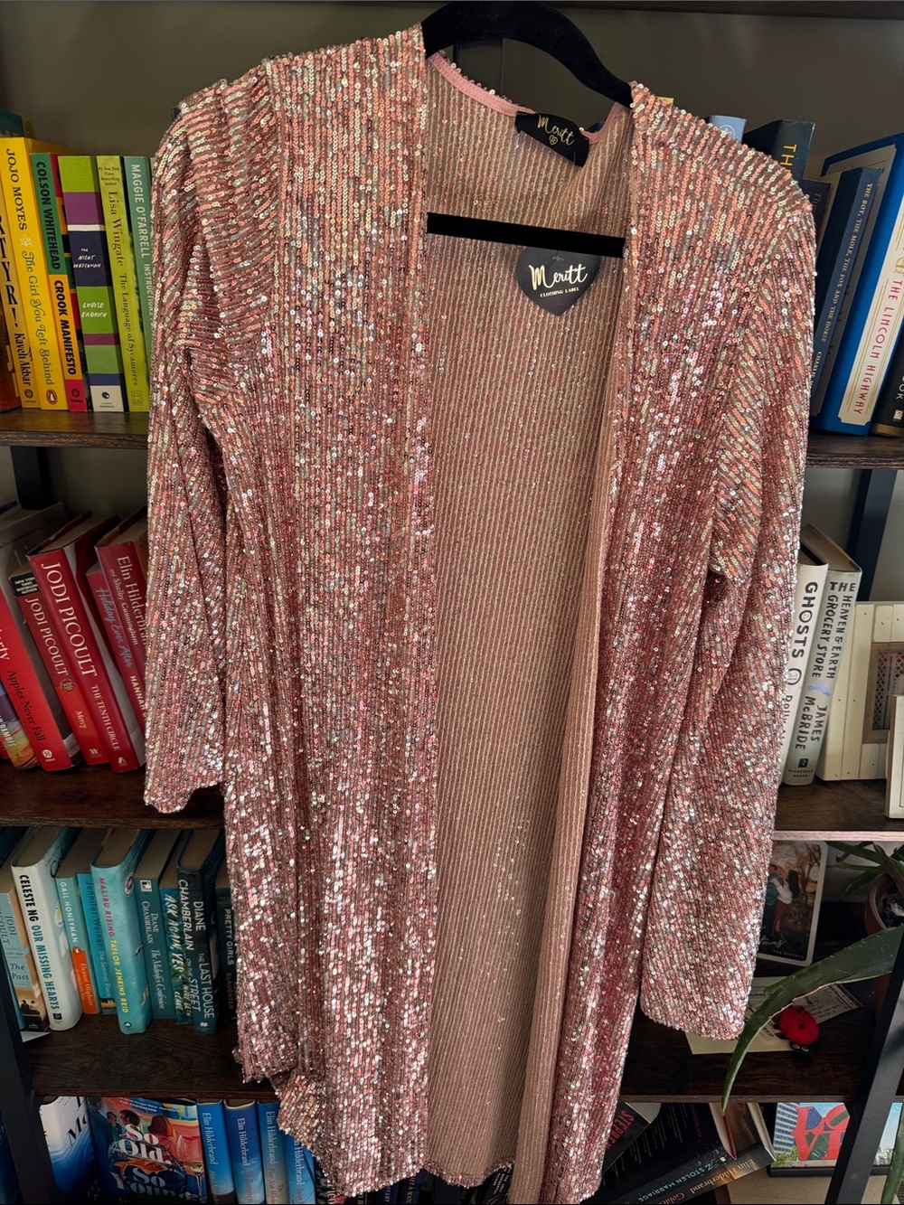 Meritt Sequin Open-Front Long Cardigan Jacket - Rose Pink